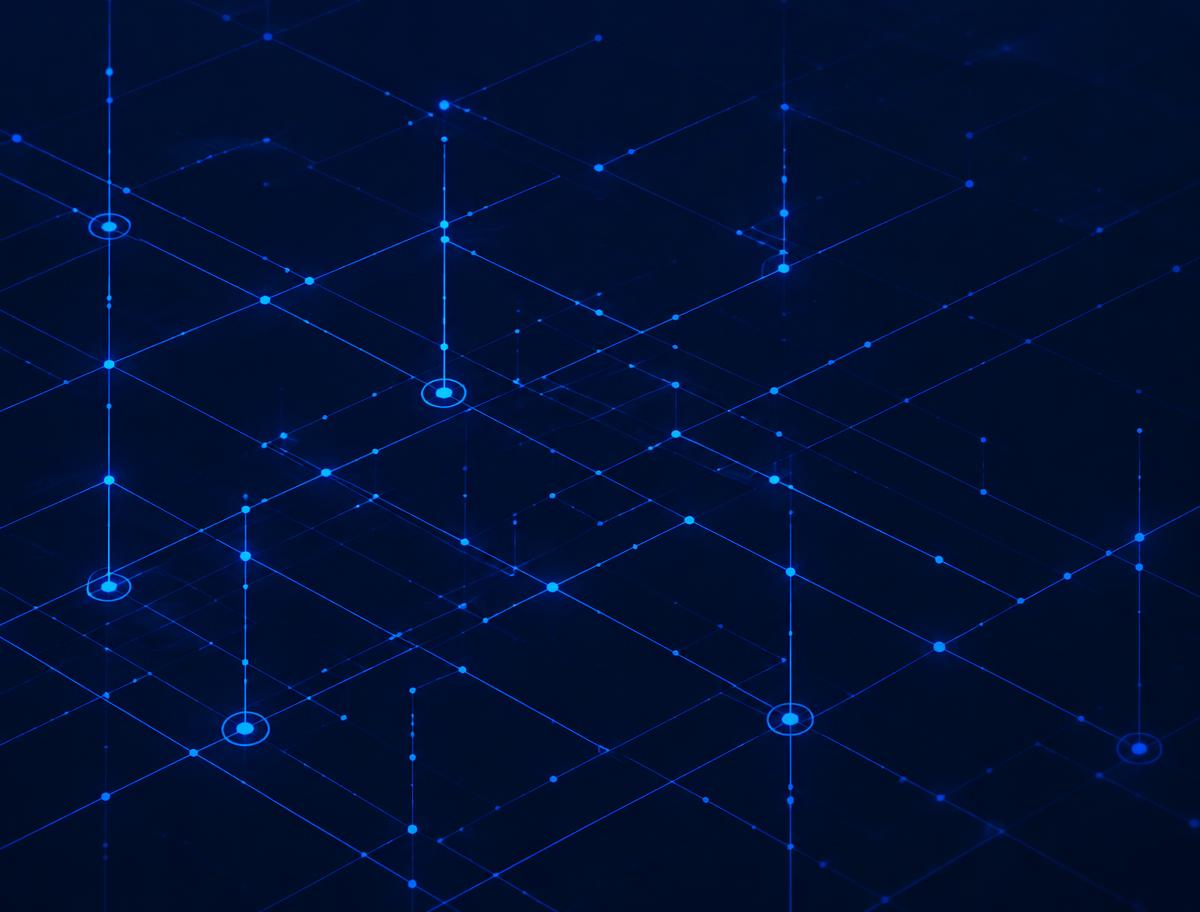 Abstract network of glowing cobalt lines and nodes on a navy background