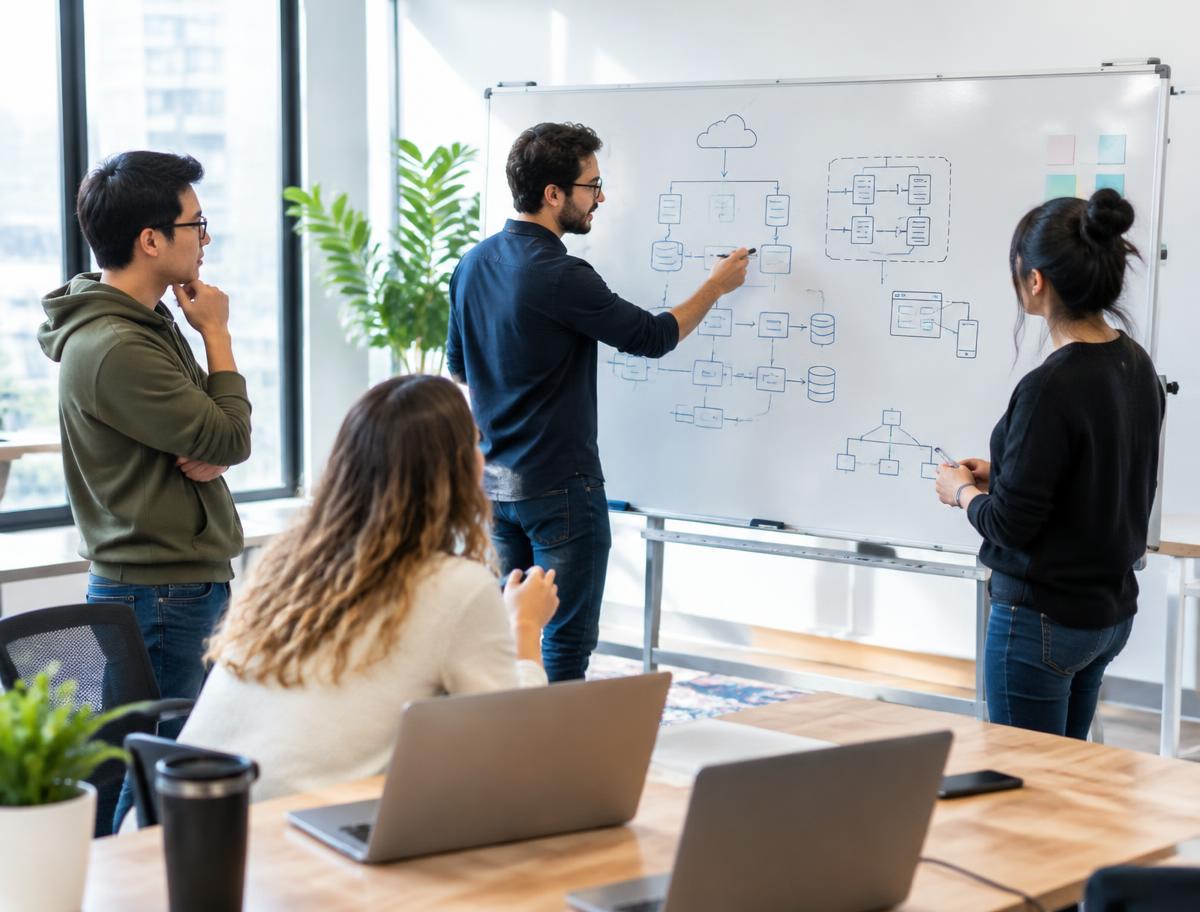Software team discussing a system architecture diagram on a whiteboard