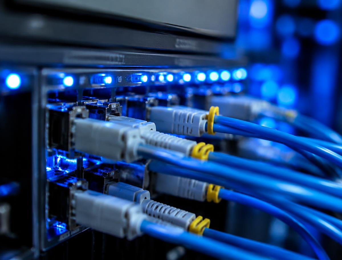 Fiber optic cables connected to a network switch with blue status lights